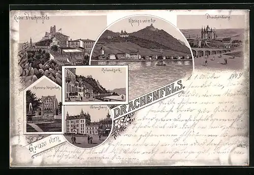 Lithographie Königswinter, Ruine Drachenfels, Drachenburg & Rolandseck