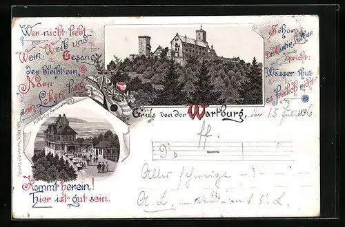 Lithographie Wartburg mit Restauration
