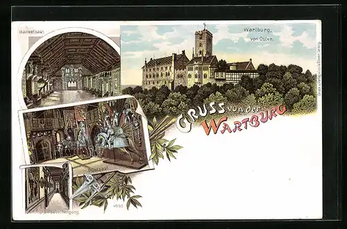 Lithographie Wartburg, Panorama von Osten, Banketsaal & Rüstsaal