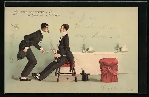AK So leben wir, so leben wir, so leben wir alle Tage, Korken der Sektflasche trifft den Mann im Gesicht