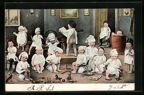 AK Weinende Kinder sitzen auf auf Nachttöpfen