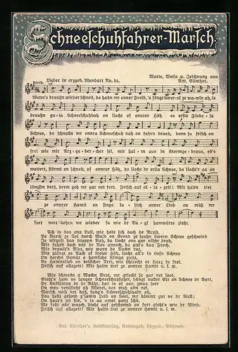 Lied-AK Anton Günther Nr. 54: Schneeschuhfahrer-Marsch, Text- und Notenzeilen, Schneefall