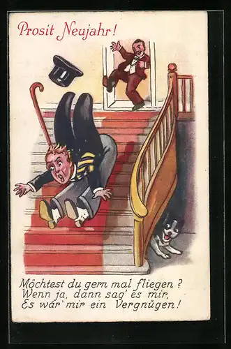 AK Möchtest du gern mal fliegen?, Mann poltert nach einem Tritt in den Po die Treppe hinunter