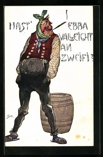 Künstler-AK Hast'ebba valleicht an Zweifi?, Mann raucht trotz Zahnweh eine Zigarre