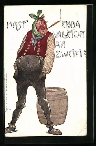 Künstler-AK Hast'ebba valleicht an Zweifi?, Mann raucht trotz Zahnweh eine Zigarre