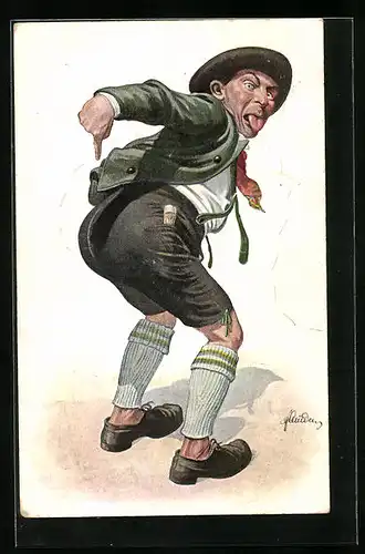 Künstler-AK Mann zeigt mit dem Finger auf seinen Po und streckt dabei die Zunge heraus