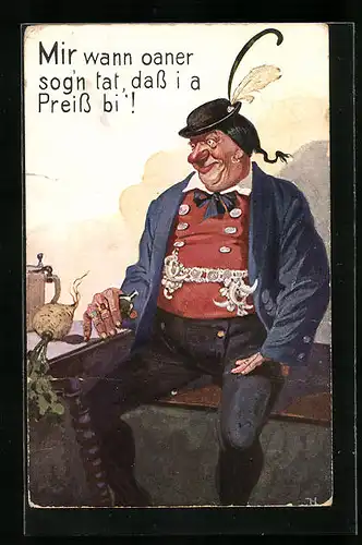 Künstler-AK Mir wann oaner sog'n tat, dass i a Preiss bi'!, Betrunkener sitzt am Tisch