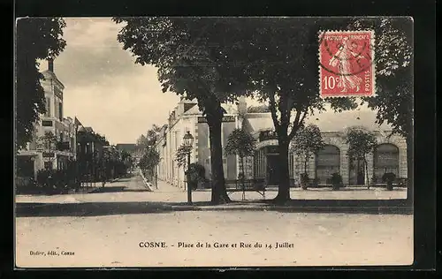 AK Cosne, place de la Gare et Rue du 14 Juillet