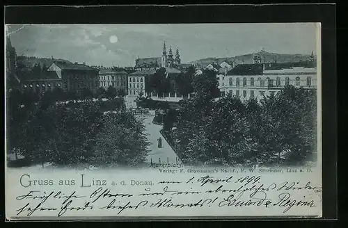 Mondschein-AK Linz a. D., Blick auf den Marktplatz