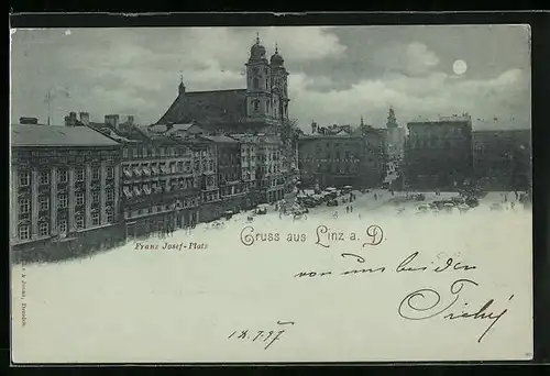 Mondschein-AK Linz a. D., Franz Josef-Platz aus der Vogelschau