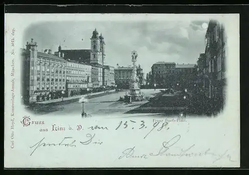 Mondschein-AK Linz a. D., Franz Josef-Platz mit Denkmal