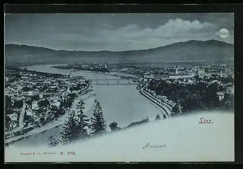 Mondschein-AK Linz a. D., Totale vom Berg gesehen