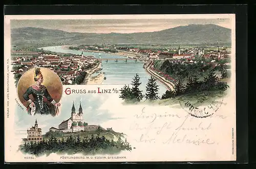 Lithographie Linz a. D., Hotel, Pöstlingberg mit elektr. Steilbahn, Linzerin in Tracht