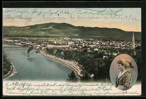 AK Linz a. D., Gesamtansicht, Linzerin im Trachtenkleid