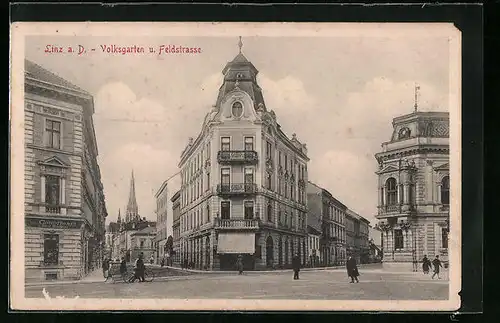 AK Linz a. D., Volksgarten und Feldstrasse