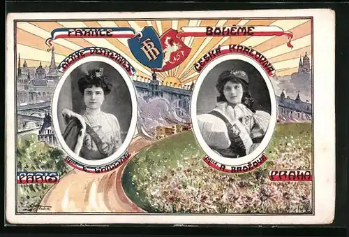 AK Praze, Slavnost Královen Kvetin 1910, Wahl der Schönheitsköniginnen Frankreich & Tschechiens Caillard & Brozová