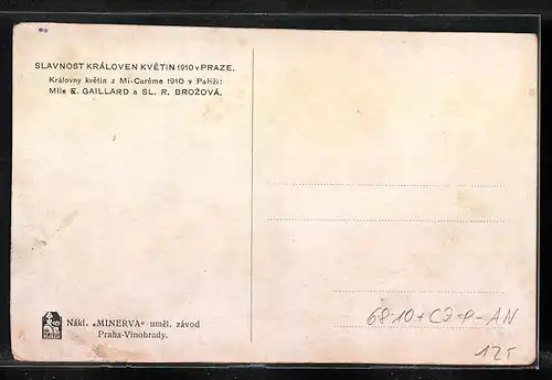 AK Praze, Slavnost Královen Kvetin 1910, Wahl der Schönheitsköniginnen Frankreich & Tschechiens Caillard & Brozová