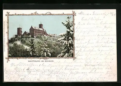 Winter-Lithographie Wartburg im Schnee