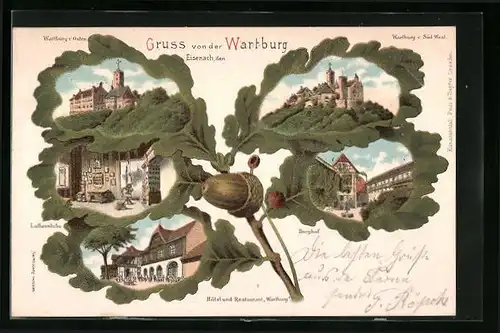 Passepartout-Lithographie Eisenach, verschiedene Ansichten der Wartburg in Eichenblättern