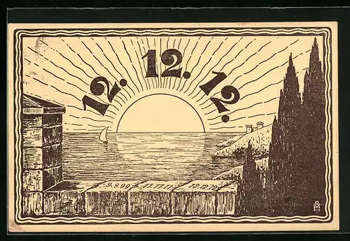AK Besonderes Datum, 12.12.12, Sonnenuntergang von einer Burgmauer gesehen