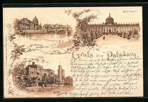 Holzbrand-Imitations-AK Potsdam, Stadtschloss, Schloss Babelsberg, Neues Palais