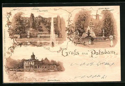 Holzbrand-Imitations-AK Potsdam, Histor. Mühle, Marmor-Palais, Schloss Sanssouci