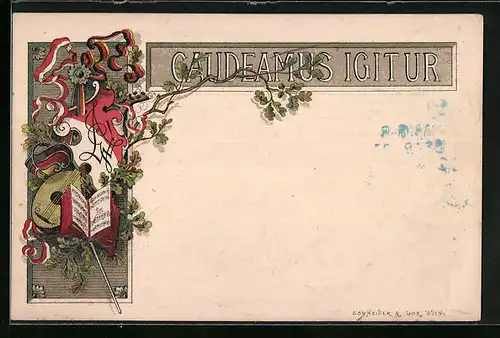 Lithographie Caudeamus Igitur, Studentenwappen mit Degen und Notenbuch