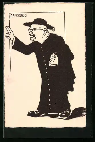 AK Kanoniker als Karikatur mit Gebetsbuch zwei Finger in die Luft haltend