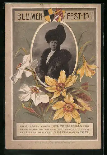 Künstler-AK Blumen-Fest 1911, Frau Gräfin von Wedel im Portrait, Wappen und Blumen