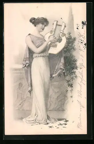 AK Fräulein spielt auf einer Lyra, Jugendstil