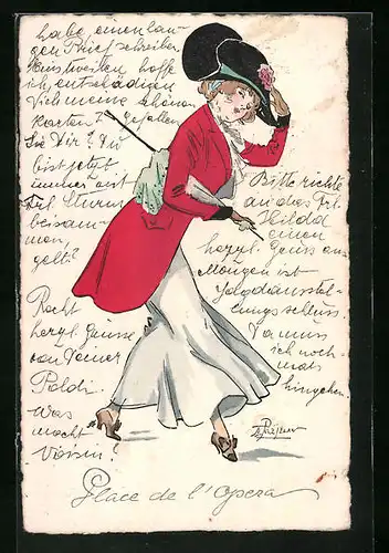 Künstler-AK sign. Prejelan: Frau in eleganter Kleidung mit Hut und Schirm