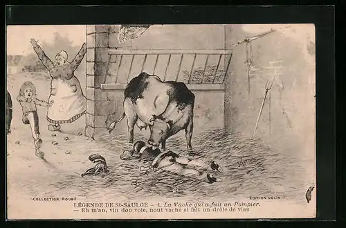 Künstler-AK Saint-Saulge, la Vache qui a fait un Pompier