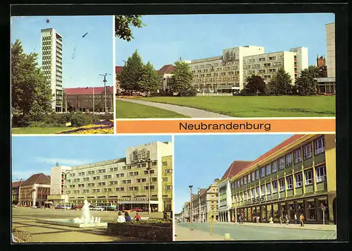 AK Neubrandenburg, Centrum-Warenhaus, Hochhaus am Karl-Marx-Platz, Hotel Vier Tore