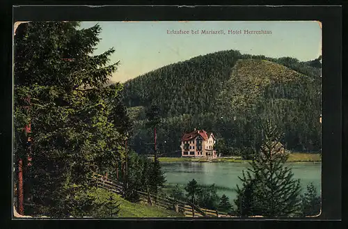 AK Mariazell, Erlaufsee mit Hotel Herrenhaus