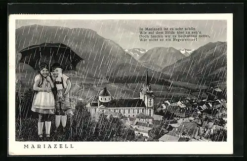 AK Mariazell, Panorama bei Regenwetter mit Kindern unterm Regenschirm
