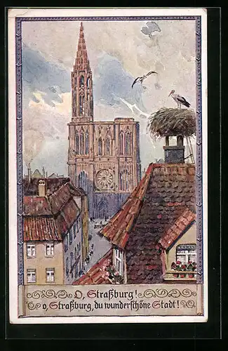 Künstler-AK Strassburg, Münster und Storchennest