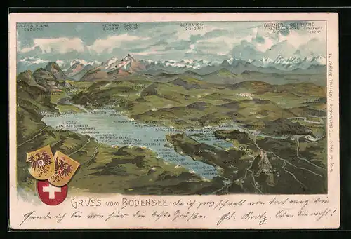 Lithographie Lindau, Landkarte mit Bodensee und Wappen