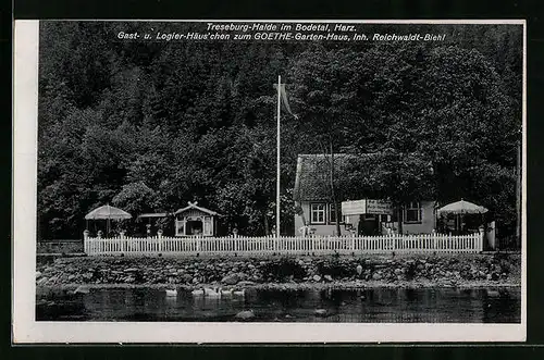 AK Treseburg-Halde im Bosdetal / Harz, Gast- und Logier-Häuschen zum Goethe-Garten-Haus