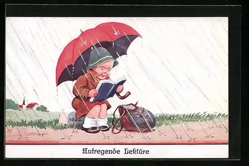 Künstler-AK Knabe mit Buch bei Regen unterm Schirm