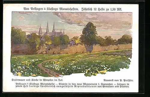 Künstler-AK Wimpfen, Stadtmauer und Kirche der Stadt