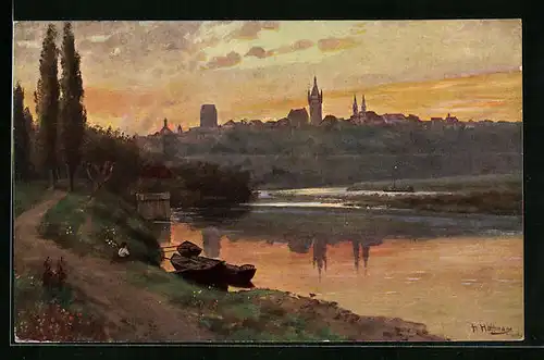Künstler-AK Wimpfen am Berg, Panoramaansicht vom Neckarufer aus zur Abendstimmung