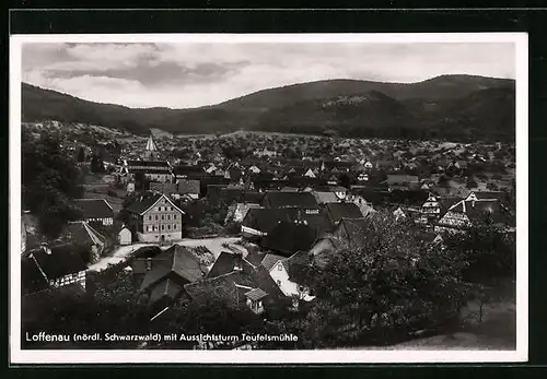AK Loffenau im Schwarzwald, Stadtansicht mit Aussichtsturm Teufelsmühle