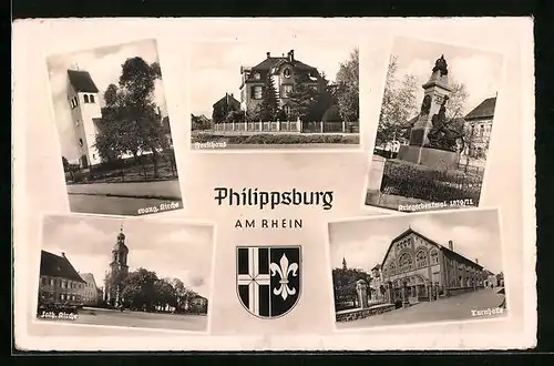 AK Philippsburg am Rhein, Forsthaus, eang. Kirche, Kriegerdenkmal, Turnhalle, kath. Kirche