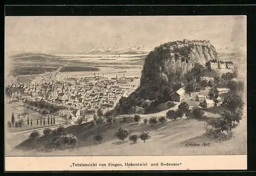 Künstler-AK Singen, Totalansicht der Stadt mit Hohentwiel und Bodensee