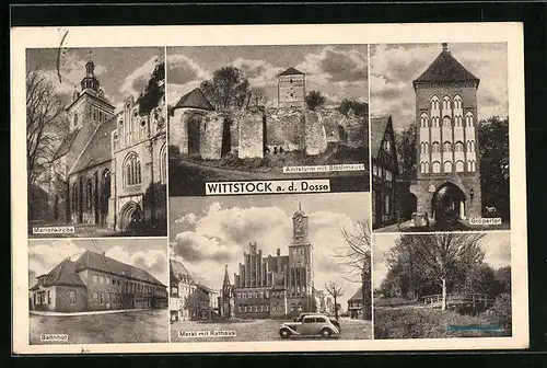 AK Wittstock a. d. Dosse, Amtsturm mit Stadtmauer, Gröpertor, Markt mit Rathaus, Bahnhof