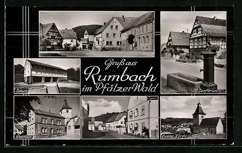 AK Rumbach i. Pfalz, Dorfbrunnen, Evang. Kirche, Rathaus, Schule