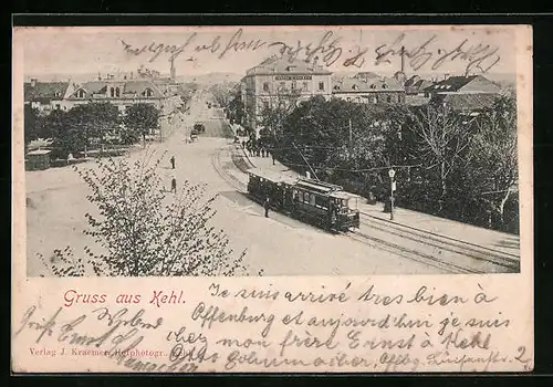 AK Kehl am Rhein, Strassenblick mit einer Strassenbahn im Vordergrund