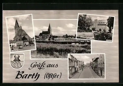 AK Barth a. Ostsee, Teilansicht, Kirche St. Marien, Rathaus und Ernst-Thälmann-Strasse