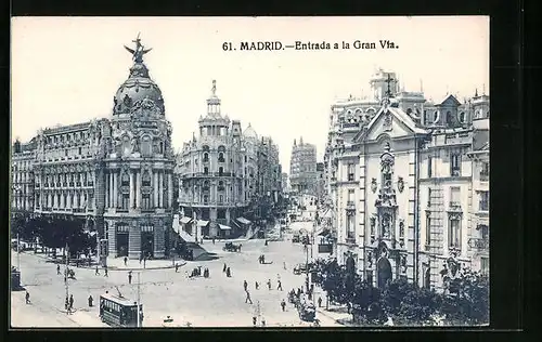 AK Madrid, Entrada a la Gran Via, Strassenbahn unterwegs