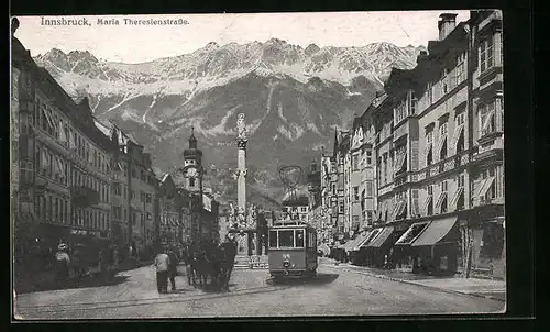 AK Innsbruck, Maria Theresienstrasse, Strassenbahn und Pferdekutsche